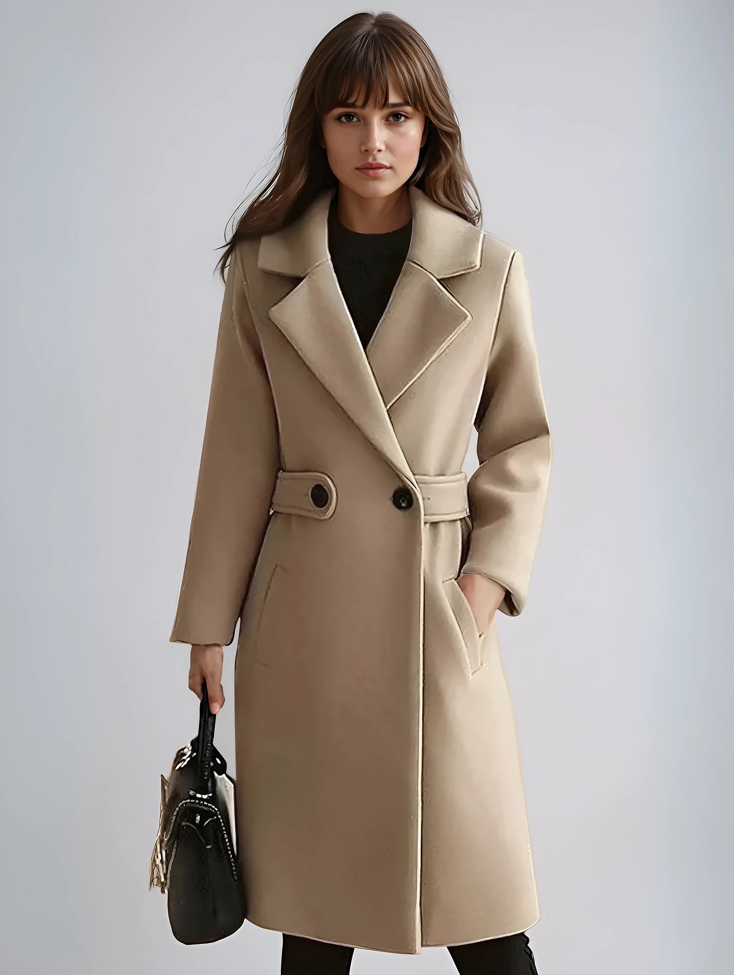 Women's Tailored Long Overcoat with Waist Buttons